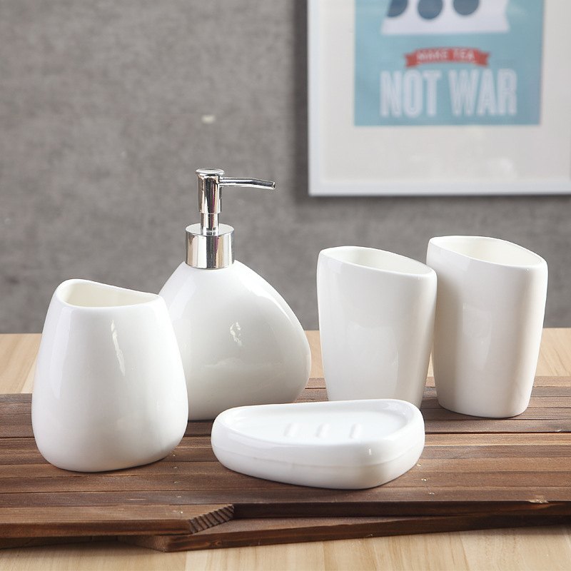跨境供应卫浴陶瓷卫生间浴室用品牙刷架漱口杯香皂盒简约套装