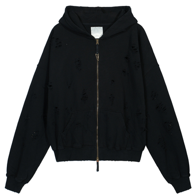 Undermycar做旧破洞拉链开衫卫衣