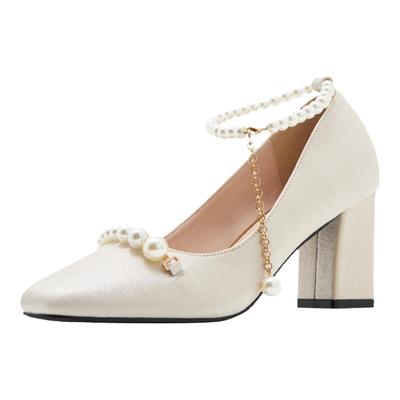 小码婚鞋单鞋粗跟珍珠红色高跟鞋