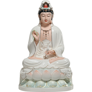德化微美陶瓷12至19寸古莲观音像摆件家用供奉观世音菩萨佛像坐像