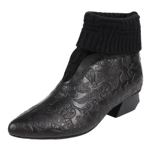 相伴真皮民族风冬靴子女棉鞋新款短靴毛线口新中式保暖加绒款女靴