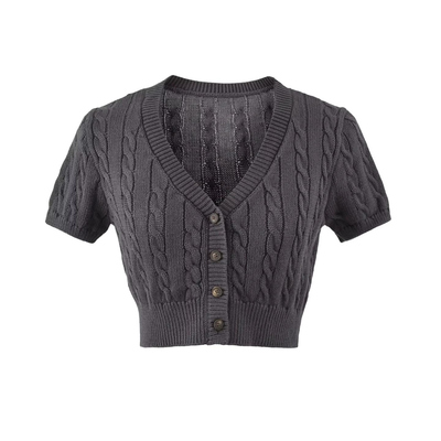 辣妹风V领短袖麻花短款针织开衫
