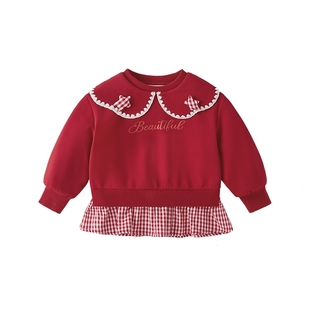 [抑菌锁温]加绒卫衣女童小童加厚上衣儿童保暖翻领宝宝红色打底衫