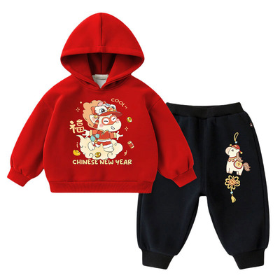 2026加绒连帽卫衣套装喜庆两件套