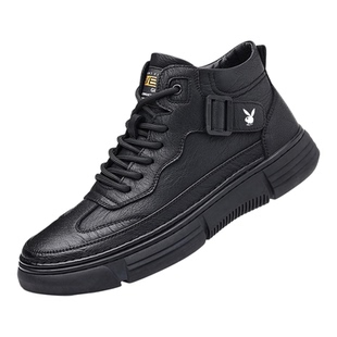 花花公子真皮男鞋高帮新款冬季运动休闲皮鞋软底加绒保暖马丁靴男