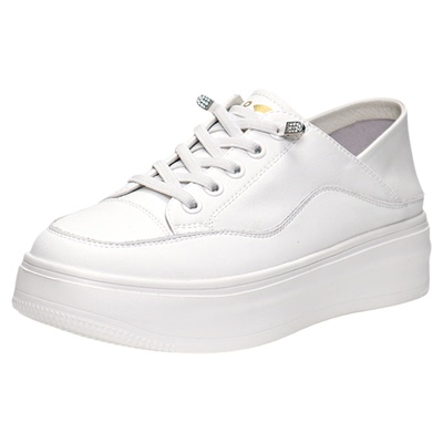 千百度女鞋牛皮小厚底小白鞋