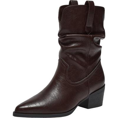 百思图25冬季新款美拉德粗跟尖头加绒女棕色堆堆骑士短靴F3061DZ5