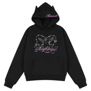 404MOB可爱耳朵小众设计Y2K辣妹女装短款加绒加厚连帽烫钻卫衣女