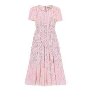 self-portrait 2025春夏粉红色宴会钻饰圆领短袖蕾丝连衣裙
