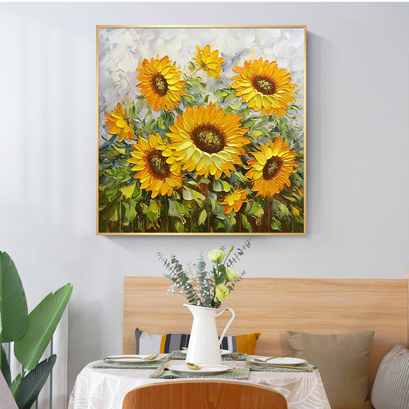 手绘梵高向日葵花卉油画美式客厅方形玄关装饰画现代简约餐厅挂画图片