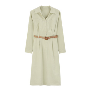 MindBridge女士温柔优雅工装风纯色中长款裙子2026年春长袖衬衫裙