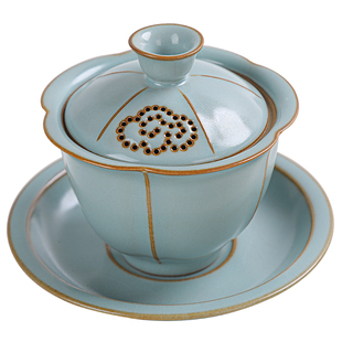 高端悬停汝窑盖碗泡茶三件套陶瓷功夫茶具三才茶碗带盖公道杯茶漏