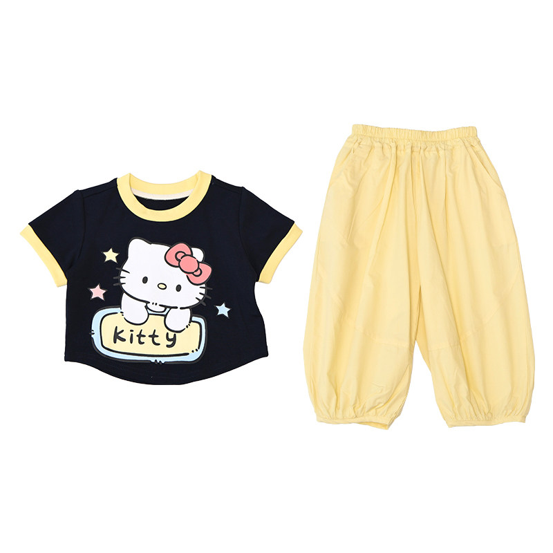 女童2026新款夏装Kitty猫咪短袖T恤格子灯笼裤两件套装女宝春夏季