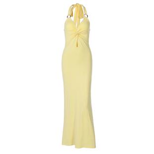 shemoda欧美风深V领镂空绑带挂脖露背连衣裙女高腰修身鱼尾长裙子