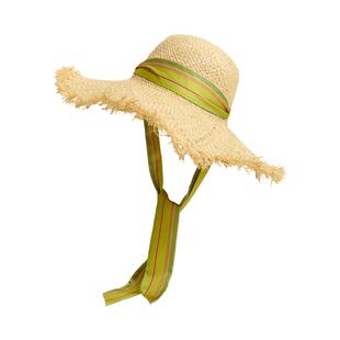 弗里达花园须边飘带草帽夏季度假大帽檐遮脸遮阳帽合作款拉菲草