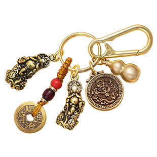 纯铜公母貔貅一对挂件生肖福牌平安招财铜钱葫芦吊坠汽车钥匙挂件