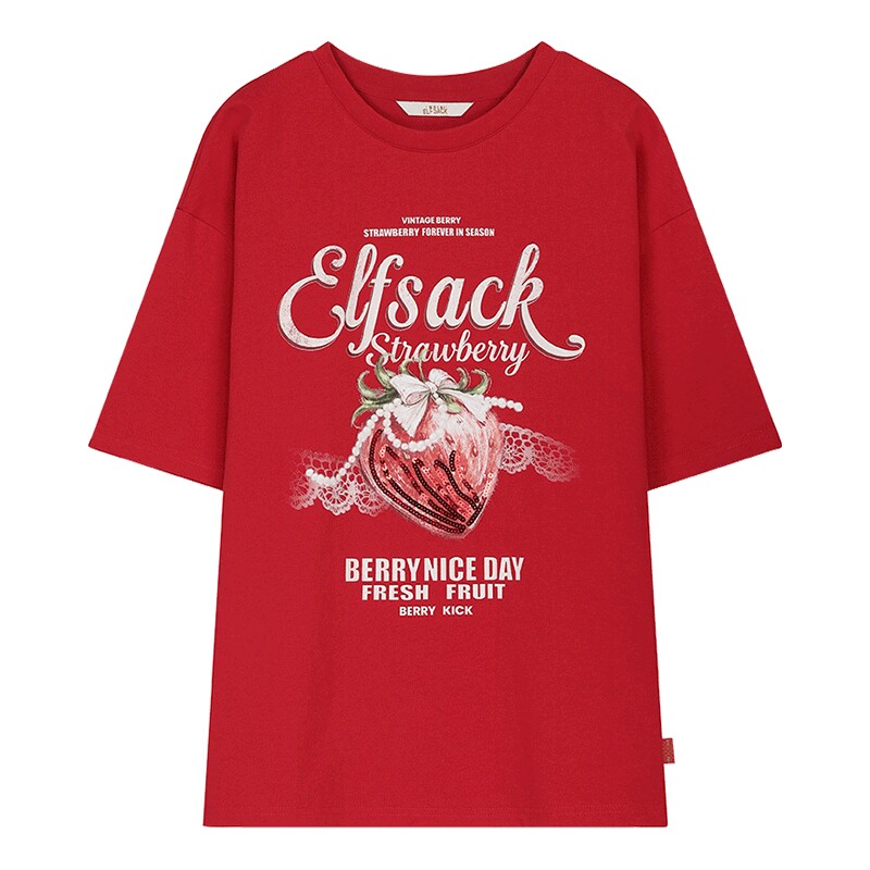 妖精的口袋珠片绣草莓印花短袖t恤女2026夏新款宽松休闲显瘦上衣
