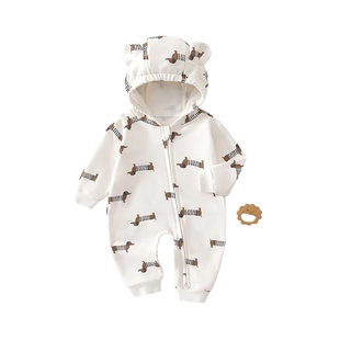 男宝宝婴儿外出爬服秋冬装超可爱婴儿连体衣纯棉带帽拉链外出哈衣