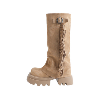 真皮~骄屿废土风流苏厚底女裤管靴秋冬新款骑士靴显瘦炸街长筒靴