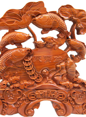 荷花鲤鱼鱼戏莲花桃木质台屏座屏