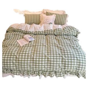 绿色格子少女心全棉四件套公主风花边被套床单床裙款床上用品蕾丝