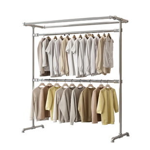 落地家用阳台卧室挂衣架室内室外镀锌钢管双杆挂衣架可加帘衣帽间