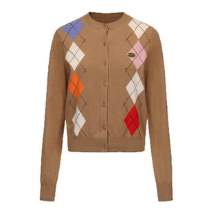 LACERTA 2025秋季新款五彩菱格羊毛针织外套女沙漠驼色学院风上衣