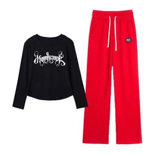 广场舞运动装新款字母长袖t恤上衣女时尚直筒裤套装曳步舞演出服