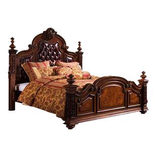 美式实木雕花床 欧式真皮床1.8/2米主卧大床复古双人婚床别墅家具