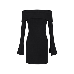 MosesQueen魔西女王黑色一字肩长袖连衣裙女春秋收腰显瘦包臀短裙