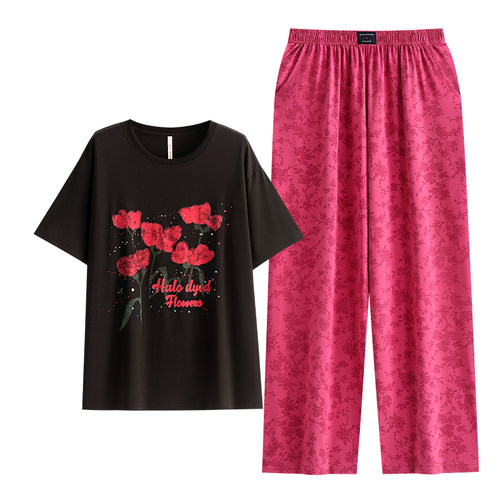 悦内睡衣女士夏季夏天纯棉短袖长裤家居服时尚宽松休闲玫瑰高级感