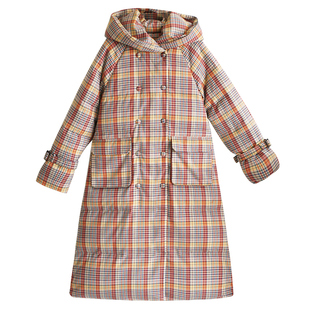 【旧时光】复古格子羽绒服女士2025冬季连帽收腰长款白鸭绒厚外套