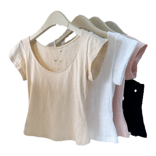 韩系甜辣妹U领大领口短袖T恤女夏季修身显瘦竹节棉短款半袖上衣