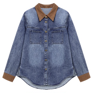 Basic House/百家好复古翻领牛仔衬衫外套女春季宽松休闲短款夹克