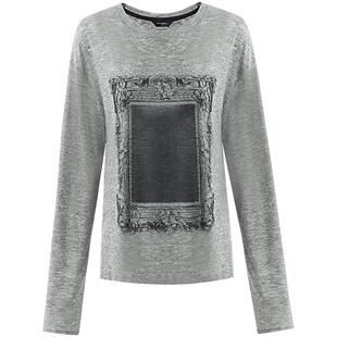 预售COCOBELLA时尚印花长袖T恤女春花纱灰宽松舒适针织上衣TS44-2