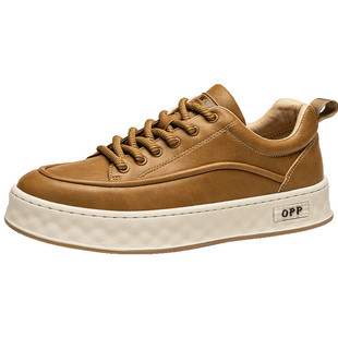 男鞋2025新款春季防水运动厚底土黄色板鞋复古休闲皮鞋韩版潮鞋子