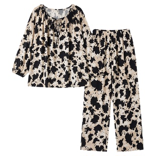 睡衣女套装绵绸国风家居服夏天可外穿新中式豹纹大码薄款人造棉绸