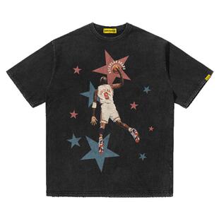 摇滚计划夏季美式T恤球星九号MJ复古短袖纯棉做旧重磅篮球衣vibe