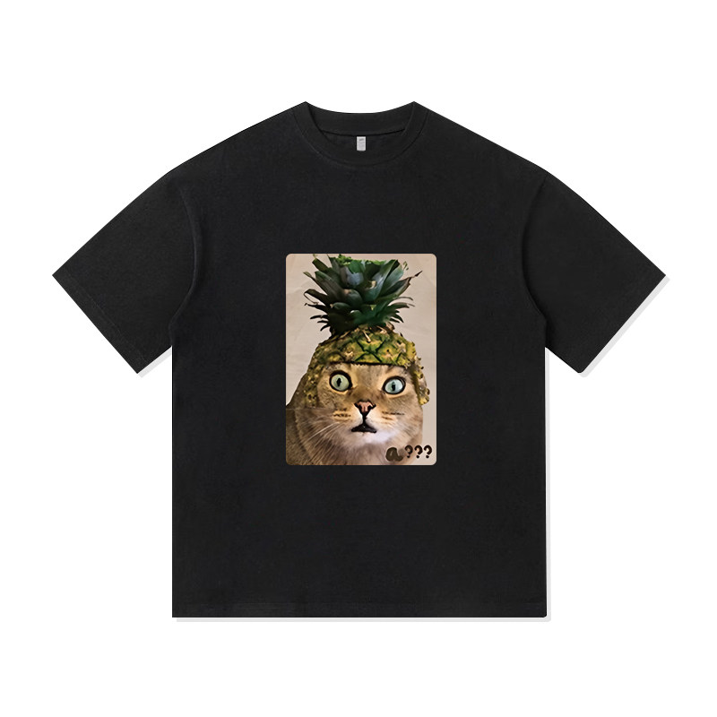 美式趣味可爱菠萝头猫猫哈基咪重磅纯棉短袖T恤男装潮牌宽松休闲
