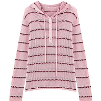 秋水伊人条纹针织衫女镂空罩衫