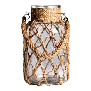 复古插花艺术干花麻绳花瓶居家装饰玻璃透明桌面摆件客厅简约花器