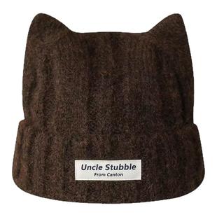 秋冬针织帽女可爱猫耳帽子大头围保暖护耳纯色毛线帽加厚韩系冷帽