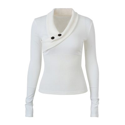 PynkiSwear 花灰色/白色V领修身针织衫女翻领拼接长袖打底上衣秋