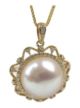 天然海水珍珠项链女新款复古宫廷风吊坠高贵干枯玫瑰金18K钻石