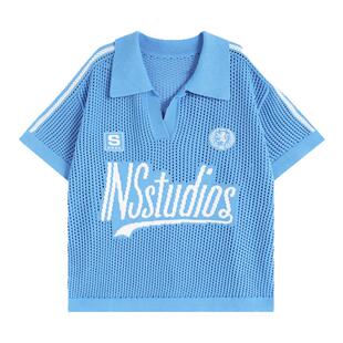 【冯建宇同款】INSstudios美式镂空网眼V领罩衫宽松翻领针织短袖