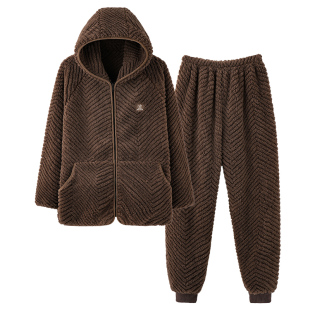 法兰绒男生睡衣男秋冬季加绒加厚青少年珊瑚绒冬天连帽保暖家居服