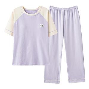 浪莎睡衣女纯棉夏季薄款圆领短袖长裤带胸垫可外穿休闲家居服套装