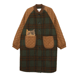 MOVEUP幻走2025秋季新款.FUN系列猫脸绣花贴袋拼接长款毛呢外套女