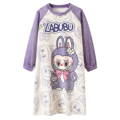 labubu儿童法兰绒睡裙女童冬季加厚长款珊瑚绒睡袍拉布布女孩睡衣