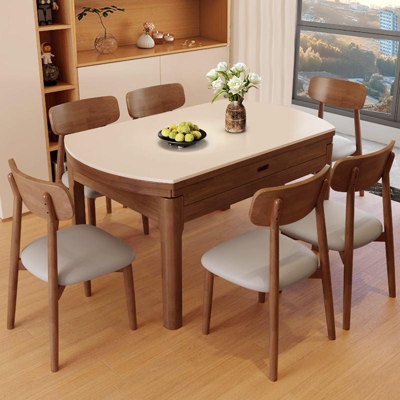 岩板餐桌椅组合家用小户型可变圆桌中古风现代实木伸缩电磁炉饭桌